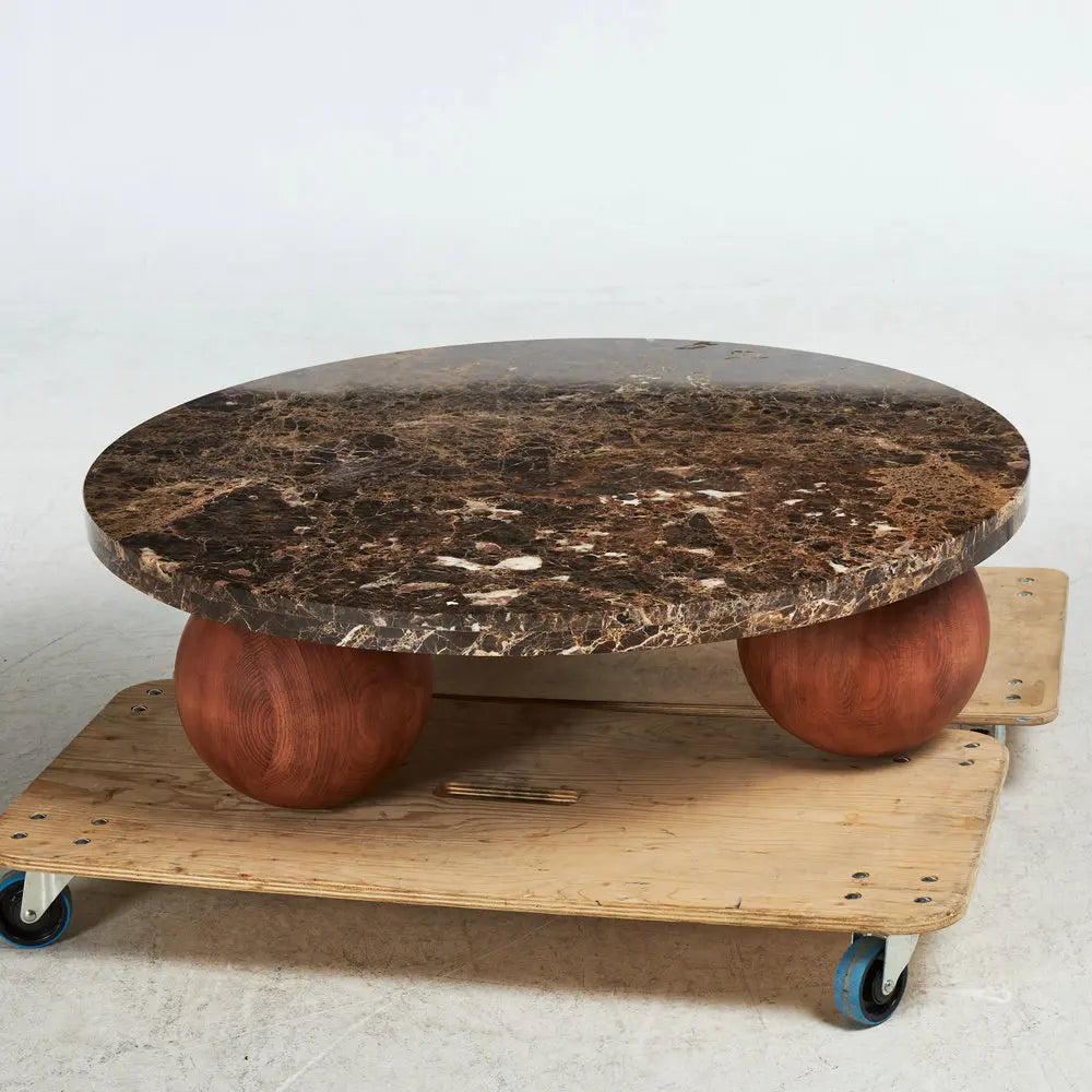 Elegant Round Emperador Marble Coffee Table with Unique Beech Wood Ball Base
