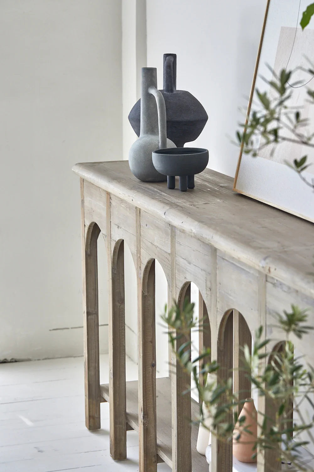 Vintage Art Deco Console Table: Recycled Pine, Cold Smoky Grey Finish