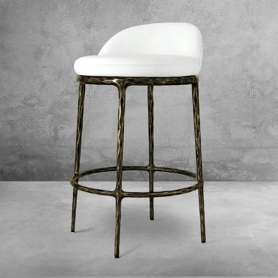 Vintage White Faux Leather Swivel Counter Stool with Brass Accents Barstool