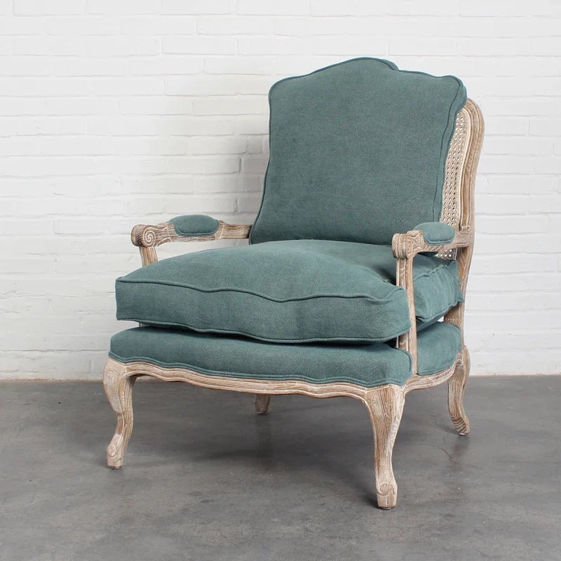Elegant French Rattan Wicker Back Leisure Chair, Solid Oak Wood Frame