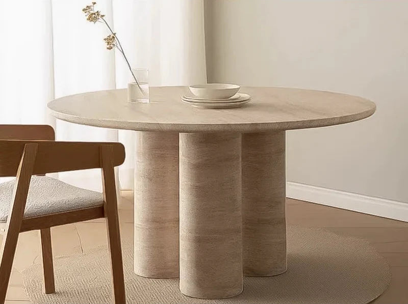 Tostone Cream Travertine Round Dining Table, Modern Minimalist Stone Design for Home