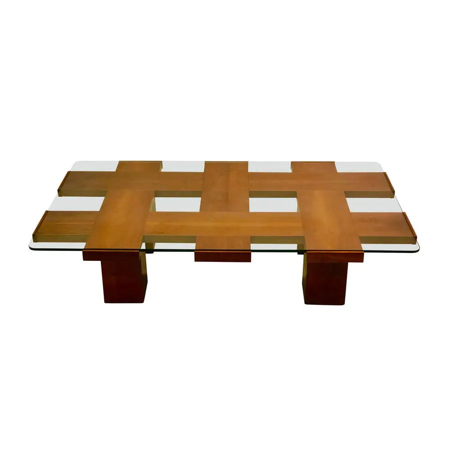 Elegant Mid-Century Walnut Wood Rectangular Glass Top Hotel Coffee Table
