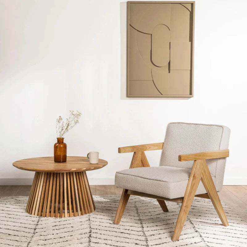 Chic Oak Wood Lounge Chair, Linen Upholstered Recliner for Modern Living Room