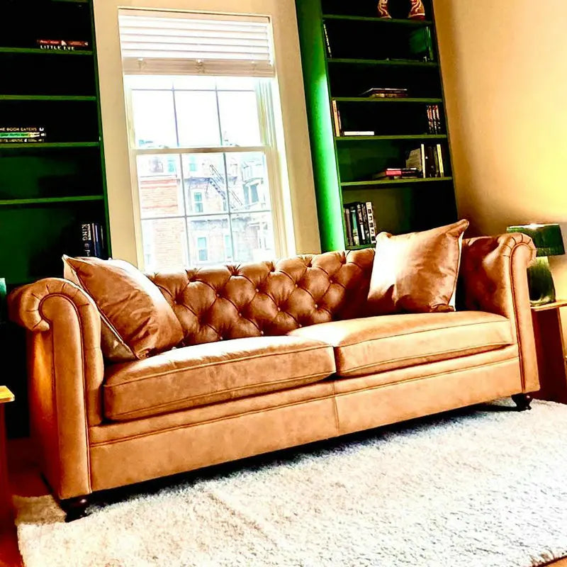 Elegant Cognac Tan Tufted Leather Chesterfield Sectional Sofa for Home