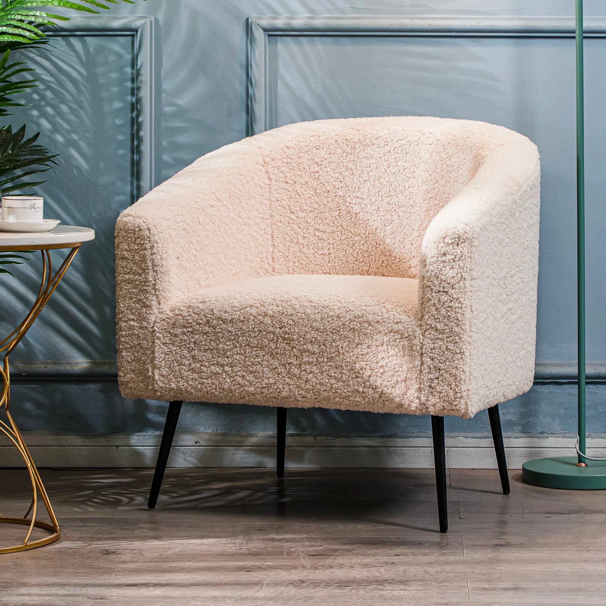 Plush White Fleece Modern Arm Dining Chair | Comfortable Upholstered Accent Seat