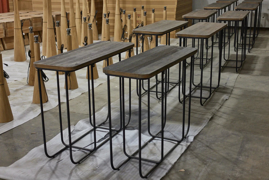 Rustic Recycled Elm & Steel Console Table – Natural Washed Finish, Industrial Chic