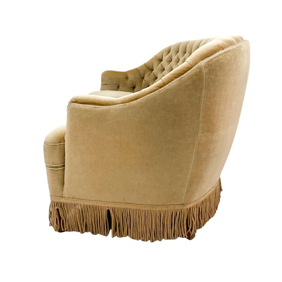 Luxurious French Velvet Curved Button Tufted Three-Seater Salon Sofa