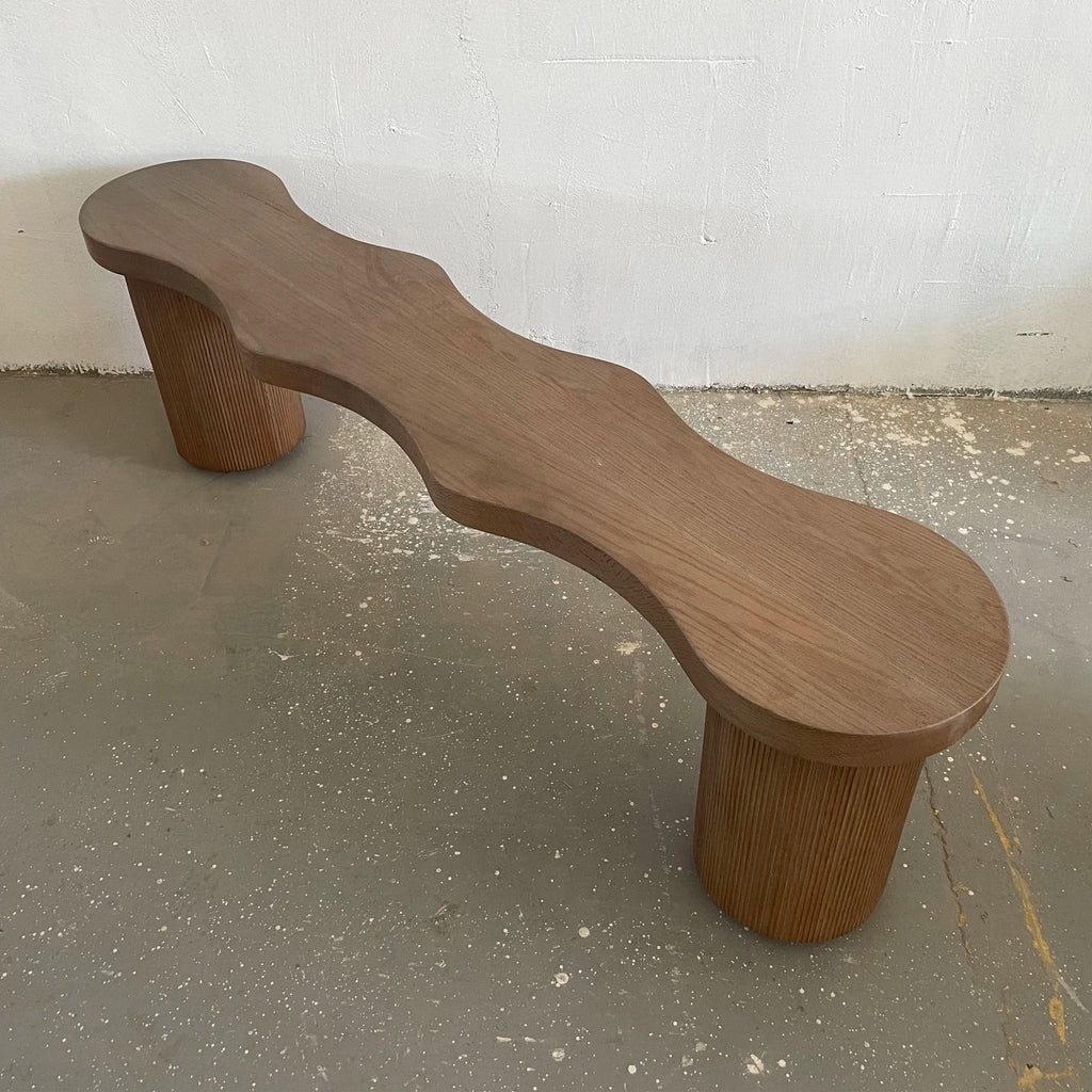 Elegant Nordic Fluted Oak Bench with Burl Top - Modern Indoor/Outdoor Seating
