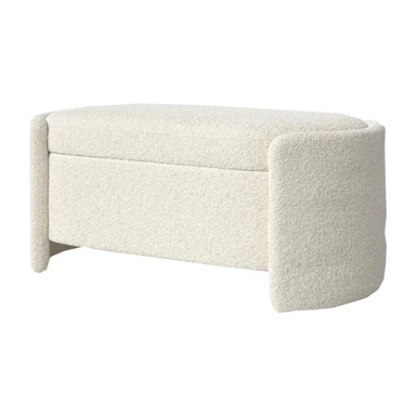 Elegant White Boucle Storage Bench Wooden Upholstered Living Room Foot Stool