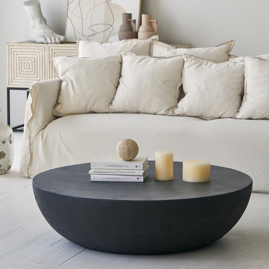 Mid-Century French Vintage Concrete Coffee Table - Black Brown Geometric Design