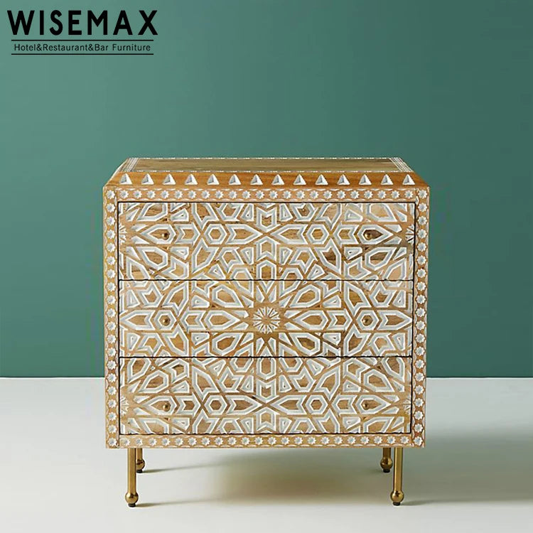 Elegant French Style Carved Ash Wood Nightstand with Gold Stainless Steel Legs