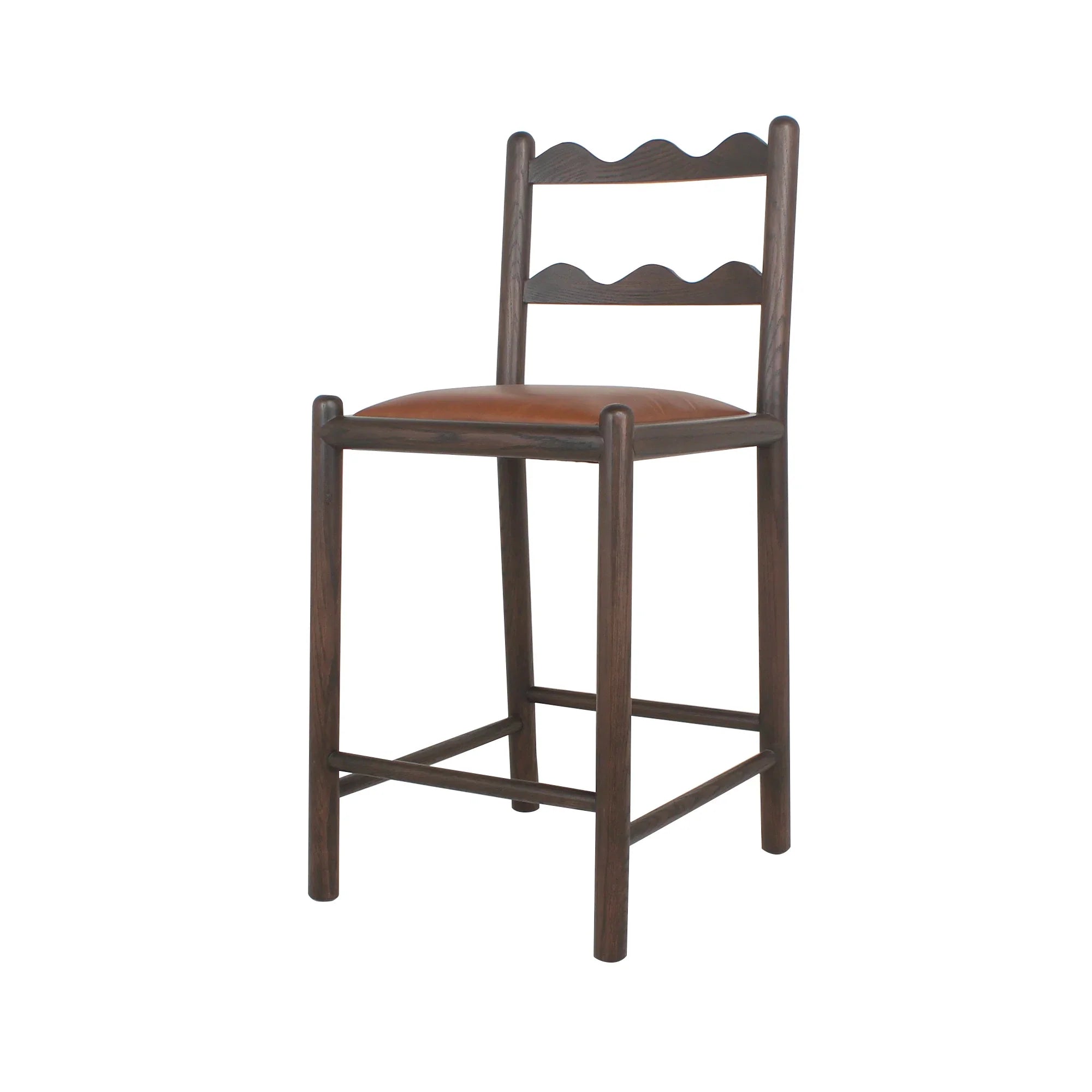 Premium Handmade Vintage Oak Wood Counter Stool with Genuine Leather Seat
