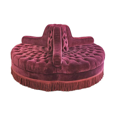 Luxurious Red Velvet Button Tufted Round Conversation Sofa with Tassels Fringes