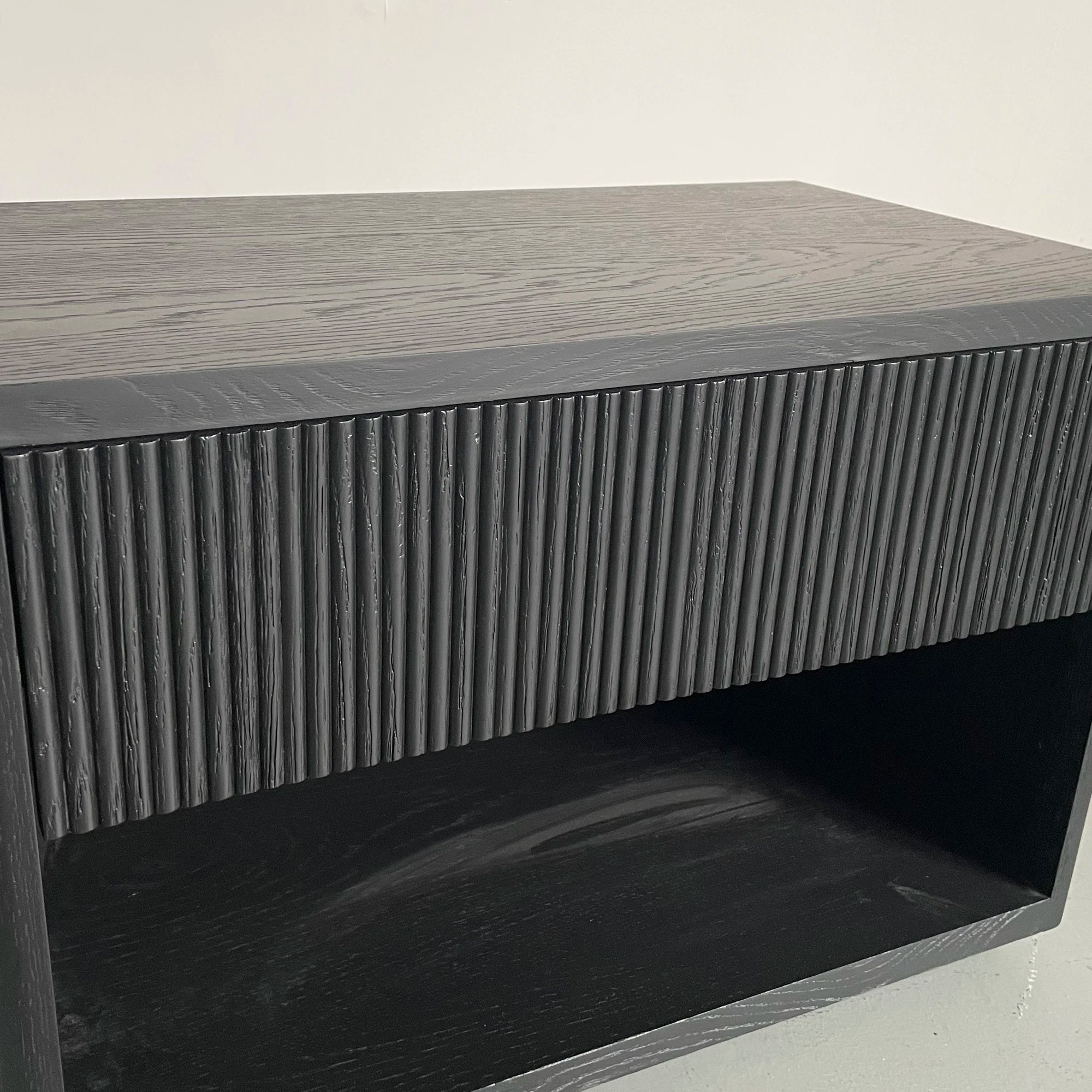 Modern Black Oak Fluted Barrel Nightstand with Drawer for Bedroom Storage