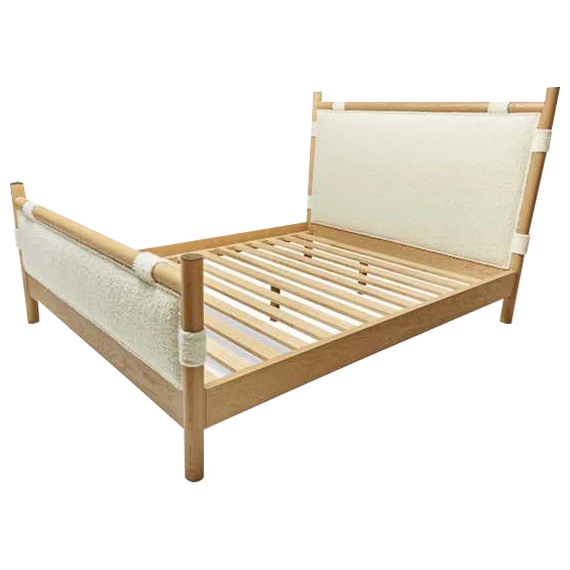 Modern Oak Wood Boucle Upholstered Bed Frame with Footboard