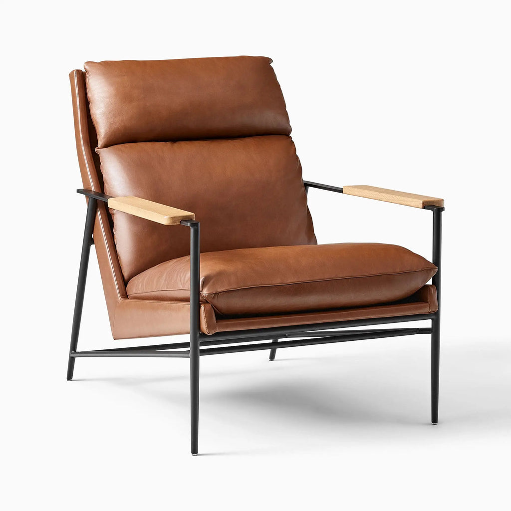 Modern Industrial Leather Accent Chair Wood Metal Frame Upholstered Lounge Seat