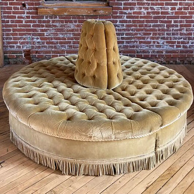 Luxurious Gold Velvet Circular Sofa with Fringe & Tufted Back for Elegant Living Spaces