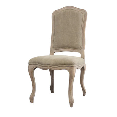 Elegant French Country Linen Upholstered Carved Oak Dining Chair Antique Style