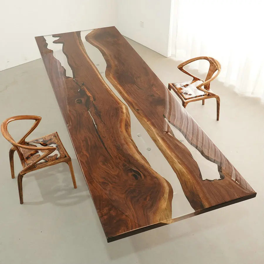 Exquisite Live Edge Solid Walnut Slab River Epoxy Dining Table