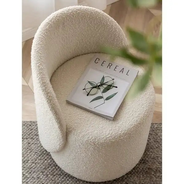 Elegant White Boucle Swivel Accent Chair - Modern Living Room Vanity Stool