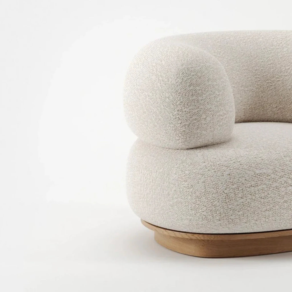 Cozy Nordic Boucle Armchair & Ottoman Set - White Fabric, Oak Base