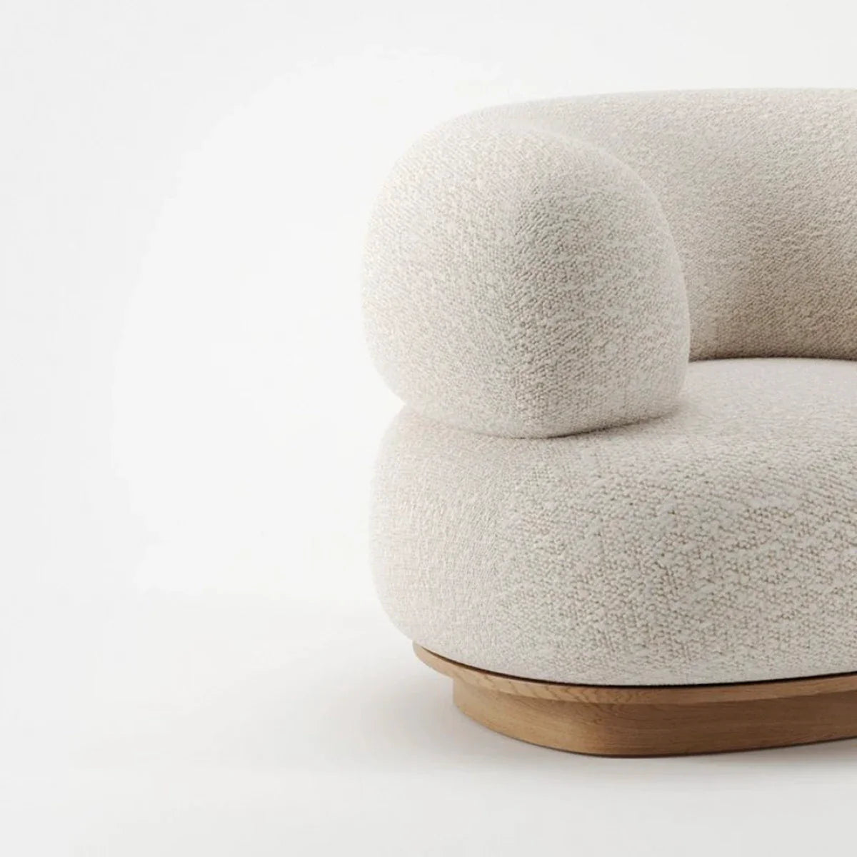 Cozy Nordic Boucle Armchair & Ottoman Set - White Fabric, Oak Base
