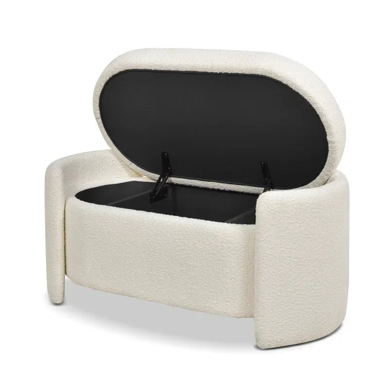 Elegant White Boucle Storage Bench Wooden Upholstered Living Room Foot Stool