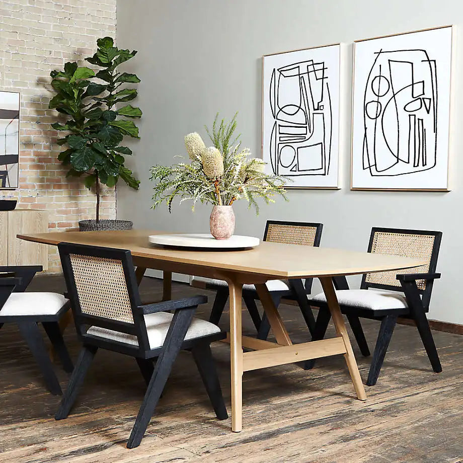 Chic Black Oak Cane Rattan Dining Chair with Upholstered Armrests