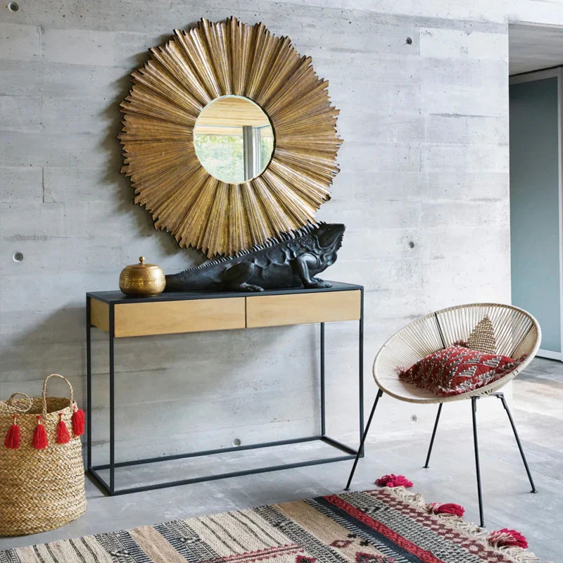 Elegant Black Metal Frame Console Table with Oak Wood Drawers for Modern Homes