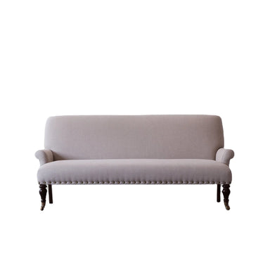 Elegant French Carved Oak Linen 2-Seater Sofa with Nailhead Trim