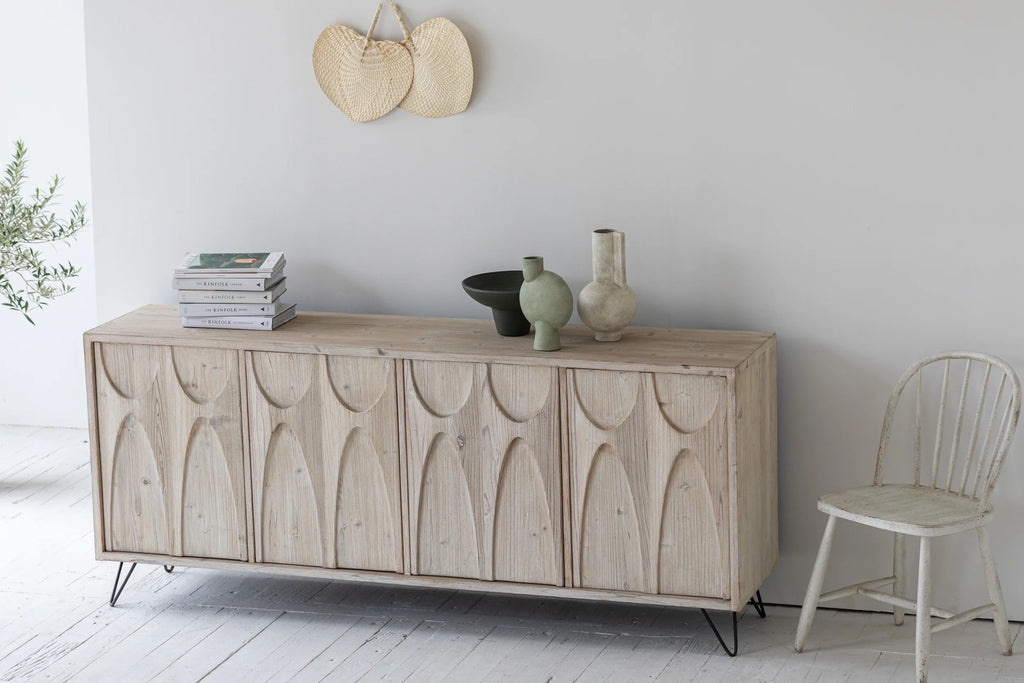 Elegant Japandi French Louis Recycled Pine Sideboard Cabinet for Living Room
