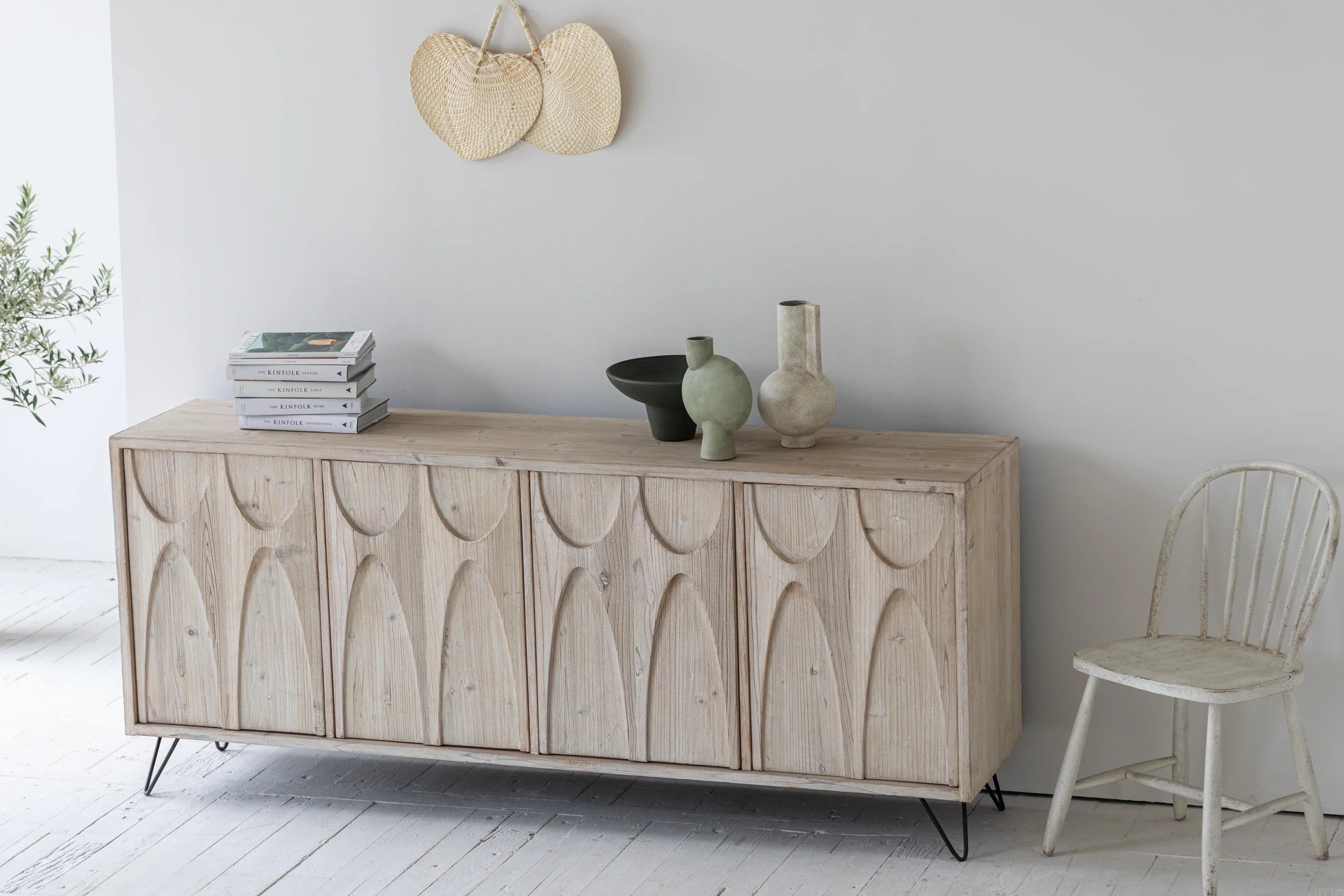 Elegant Japandi French Louis Recycled Pine Sideboard Cabinet for Living Room