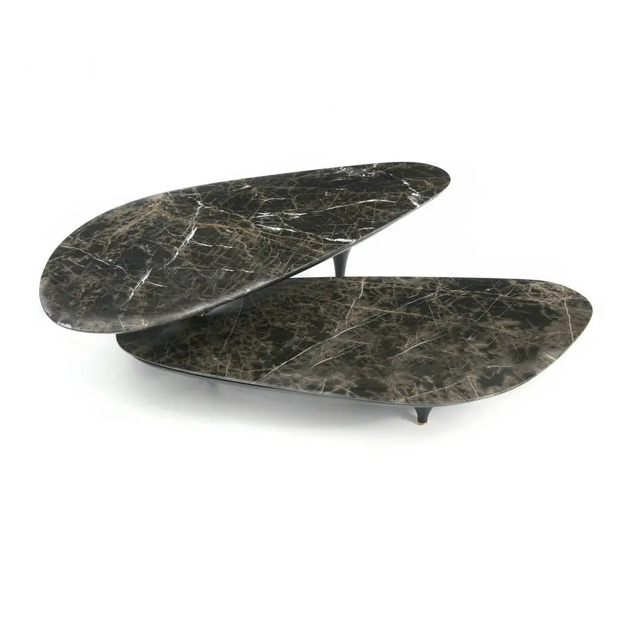 Elegant Nordic Nesting Black Travertine Marble & Walnut Wood Coffee Table