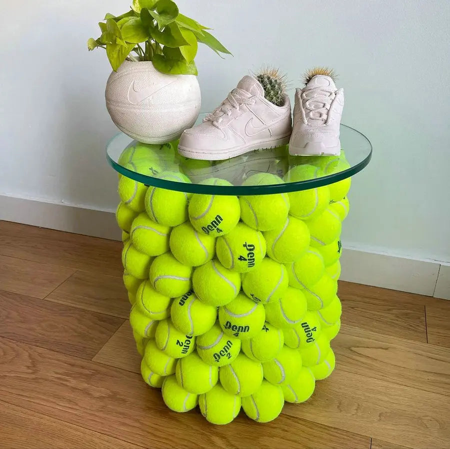 Chic Round Tempered Glass Coffee Table, Unique Tennis Ball Design Base