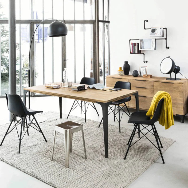Elegant Nordic Oak Top Dining Table, Black Metal Legs, Six-Seater Kitchen