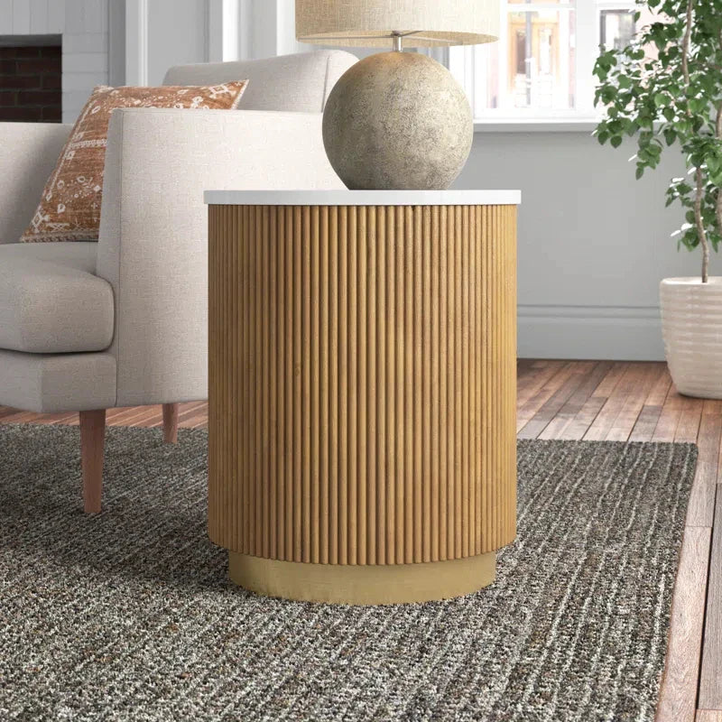 Elegant Round Fluted Oak Wood End Table with Marbled Top and Metal Base