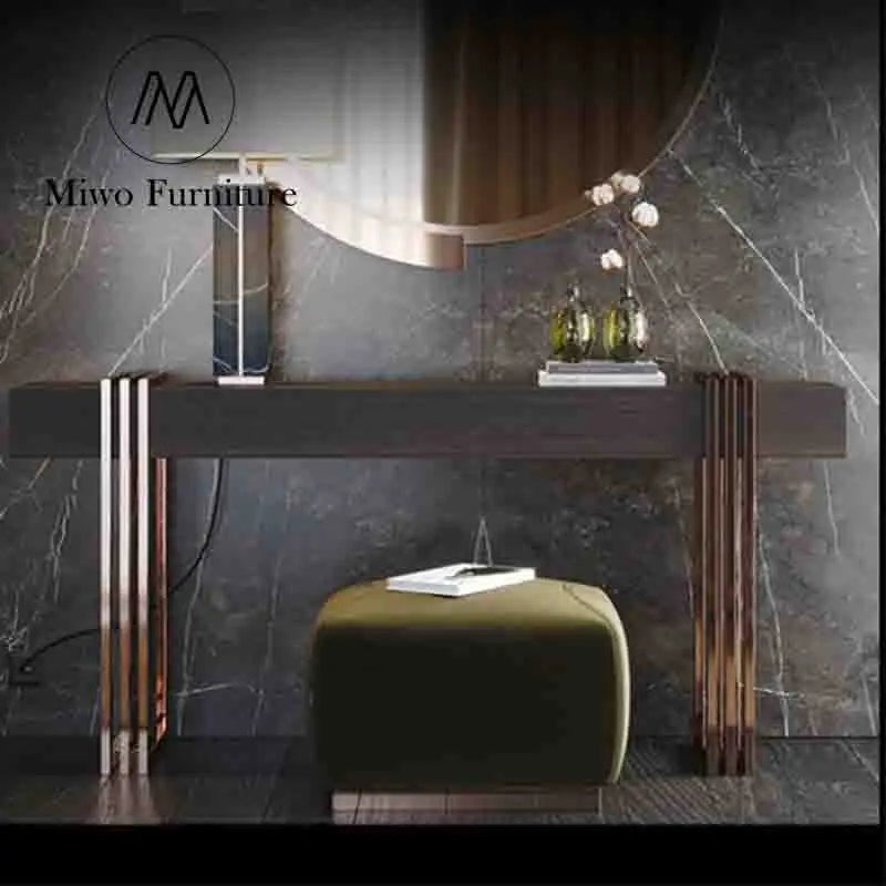 Modern Handcrafted Walnut Wood and Gold Entrance Hallway Console Table
