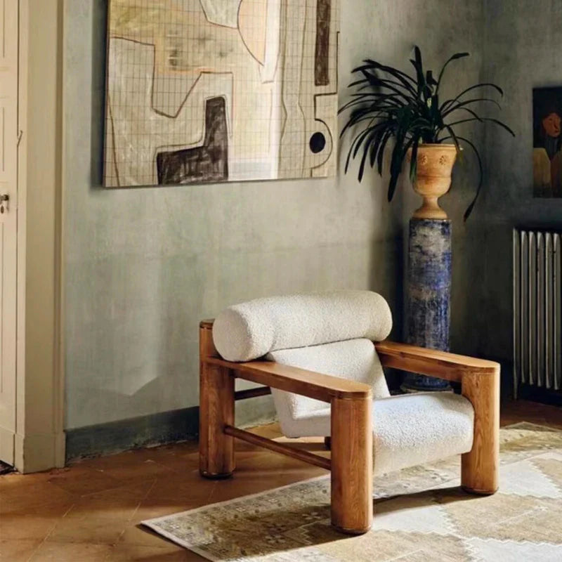 Chic White Boucle Solid Oak Accent Chair - Modern Living Room Leisure Seating