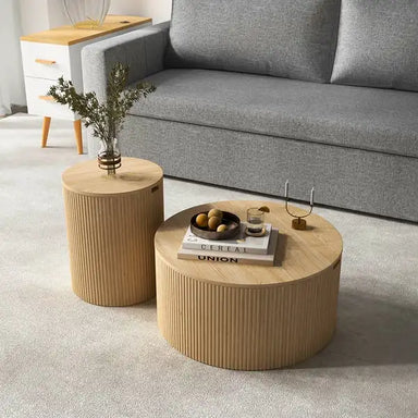 Elegant Fluted Barrel Oak Coffee Table with Storage for Living Room