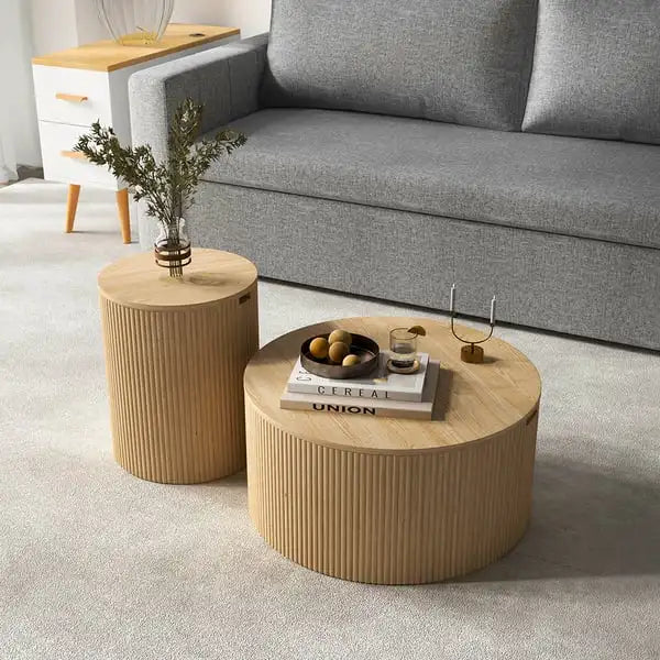 Elegant Fluted Barrel Oak Coffee Table with Storage for Living Room
