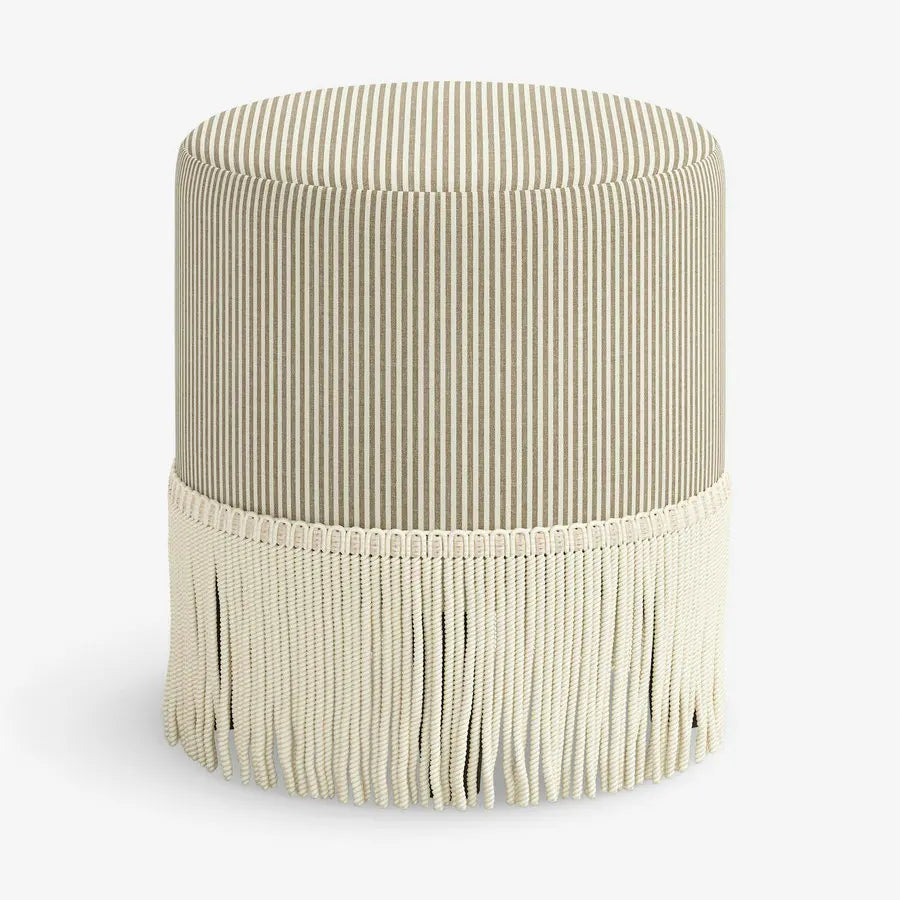 Modern Round Fabric Ottoman with Corded Fringe Trim, Soft Accent Footstool