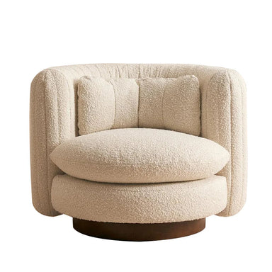 Elegant Boucle Swivel Armchair: Wooden Frame, Curved Tub Design, Plush Comfort