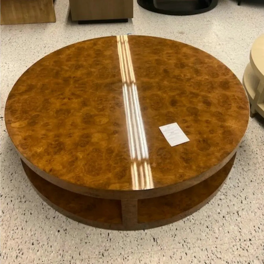 Elegant Mid-Century Modern Round Ribbed Burl Wood Living Room Coffee Table