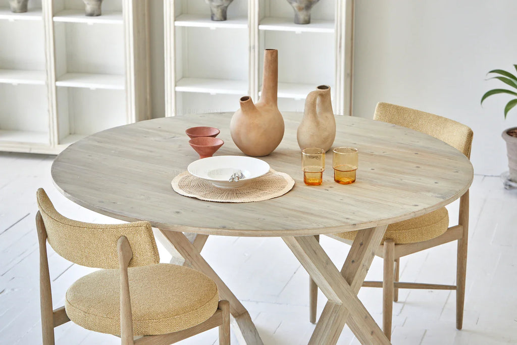 Rustic Wabi-Sabi Recycled Pine Wood Round Dining Table, Modern Farmhouse Style