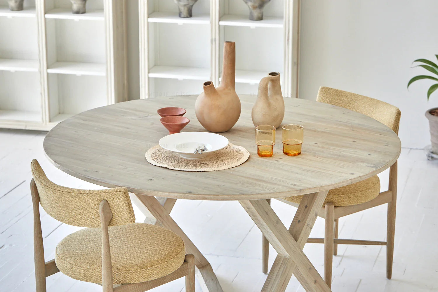 Rustic Wabi-Sabi Recycled Pine Wood Round Dining Table, Modern Farmhouse Style