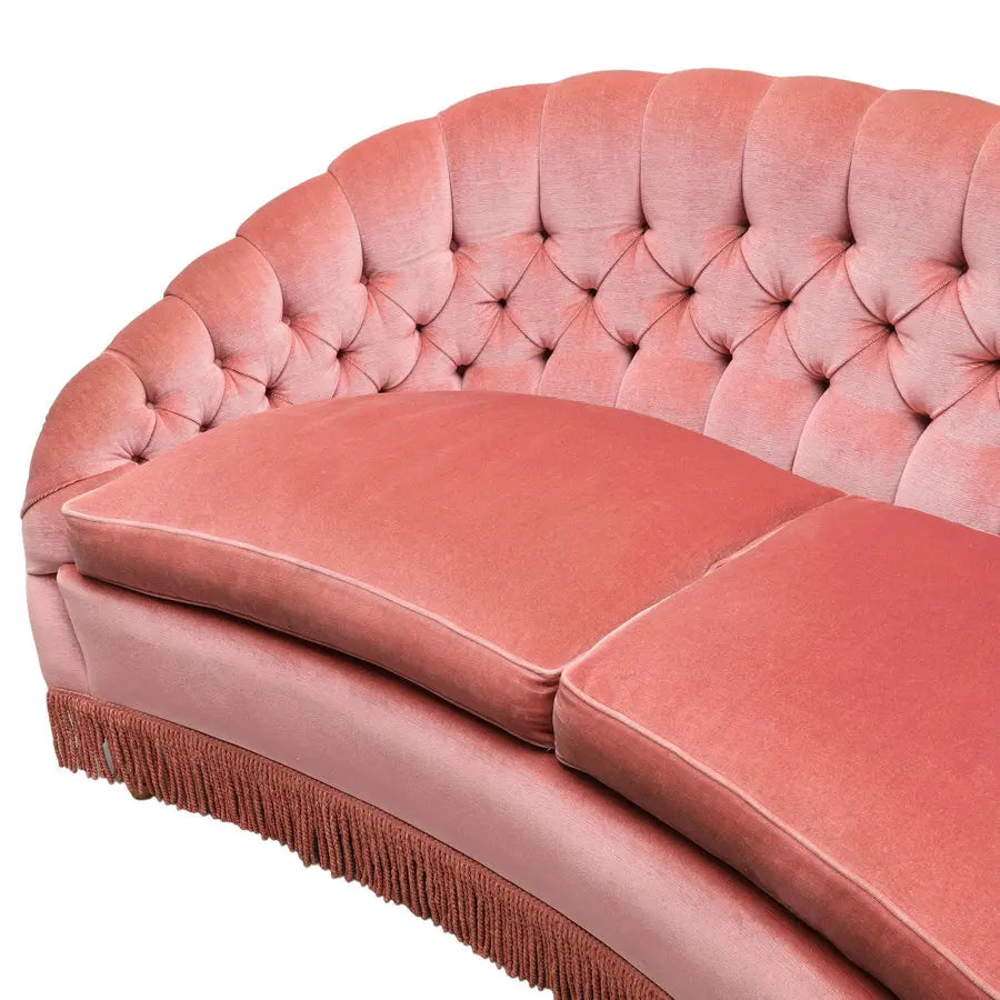 Elegant Pink Velvet Curved 2-Seater Tufted Fringe Modern Loveseat Sofa