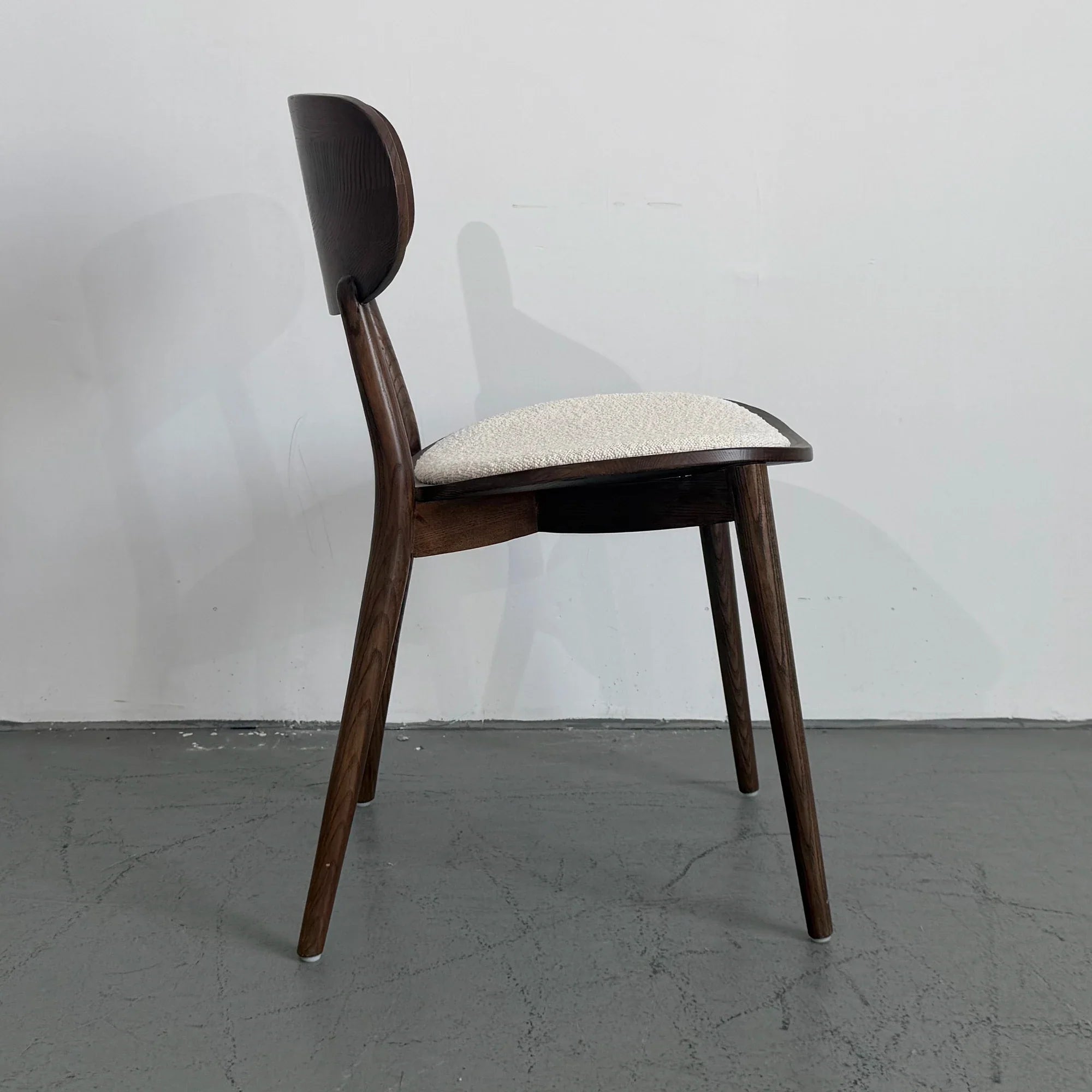 Contemporary Solid Oak Walnut Finish Dining Chair with Plush Boucle Upholstery