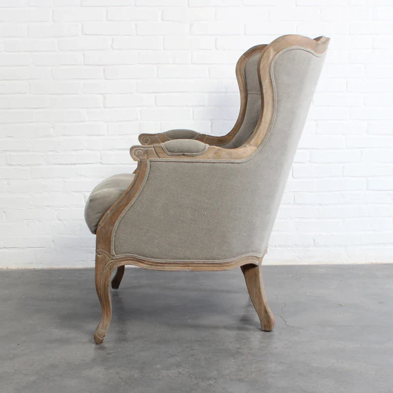 Luxurious French Carved Oak Armchair, Vintage Linen Tufted Accent Chair