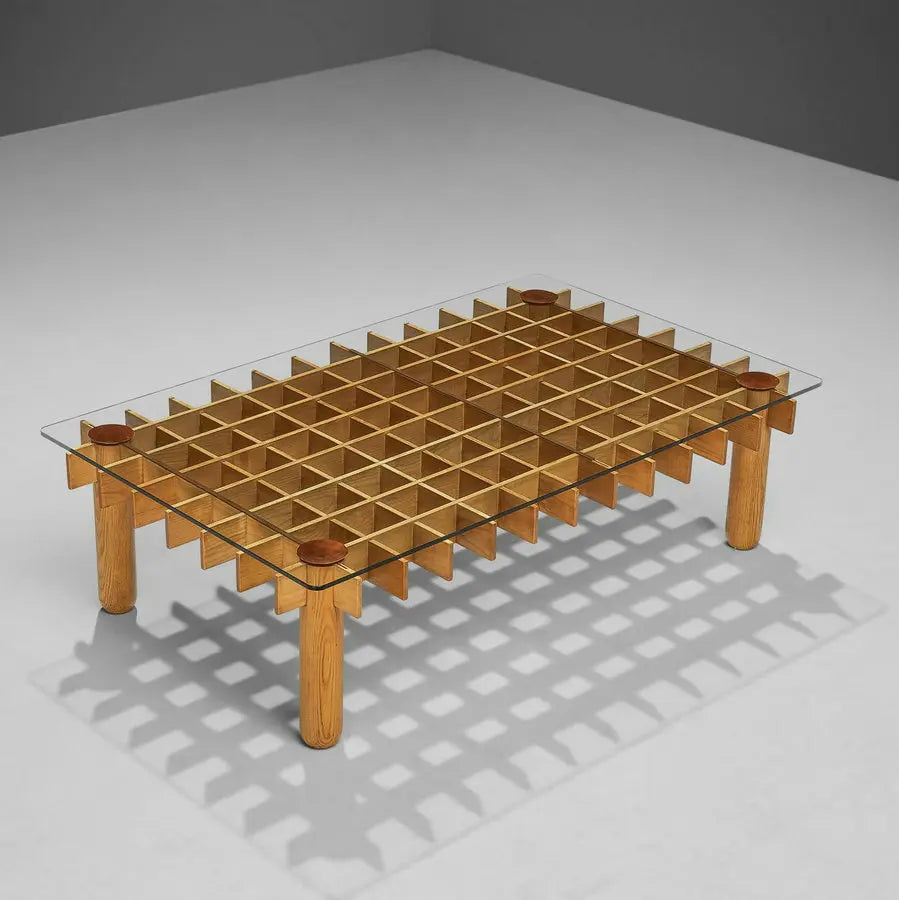 Mid-Century Modern Glass Top Coffee Table with Elegant Wood Frame