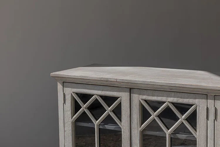 Elegant Mid-Century French Style Solid Recycled Pine Sideboard with Glass